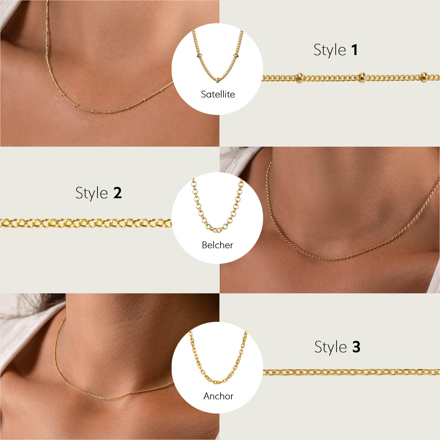 Compare 3 chain styles for personalised necklaces – Satellite, Belcher, and Anchor chains in gold or silver. Necklace examples include name and initial designs. Perfect for custom jewellery gifts.